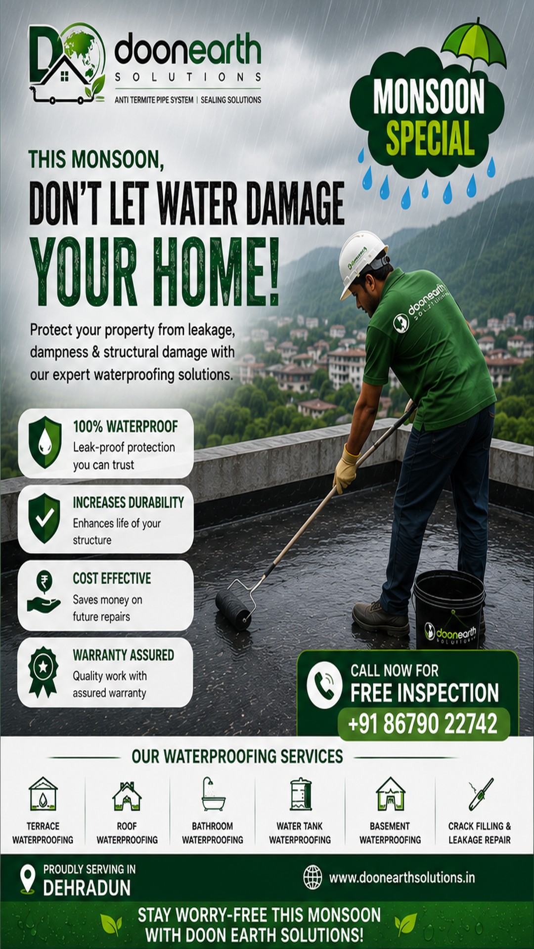 Ghar banate waqt waterproofing karwa lo — Doon Earth Solutions waterproofing offer poster