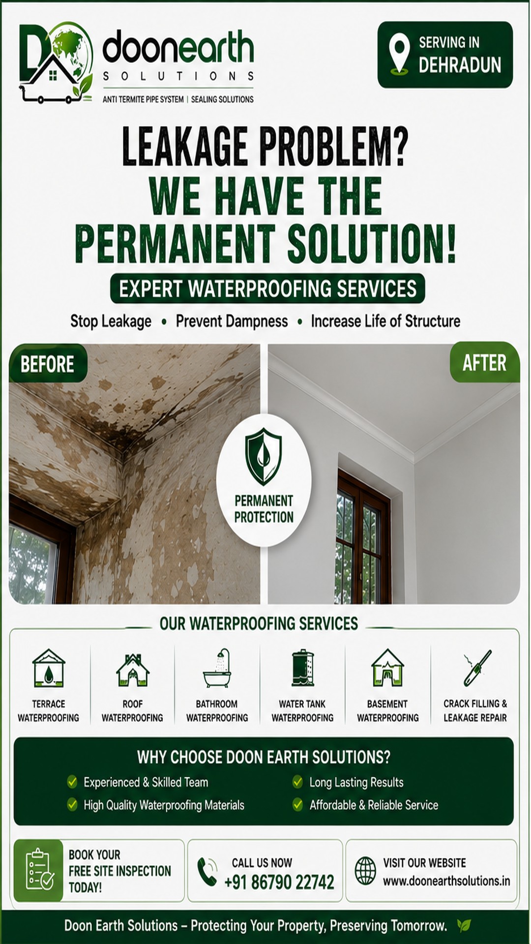 Leakage problem? We have the permanent solution — before/after waterproofing poster